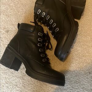 Black Lace Up Boots with Rugged Sole and Chunky Heel